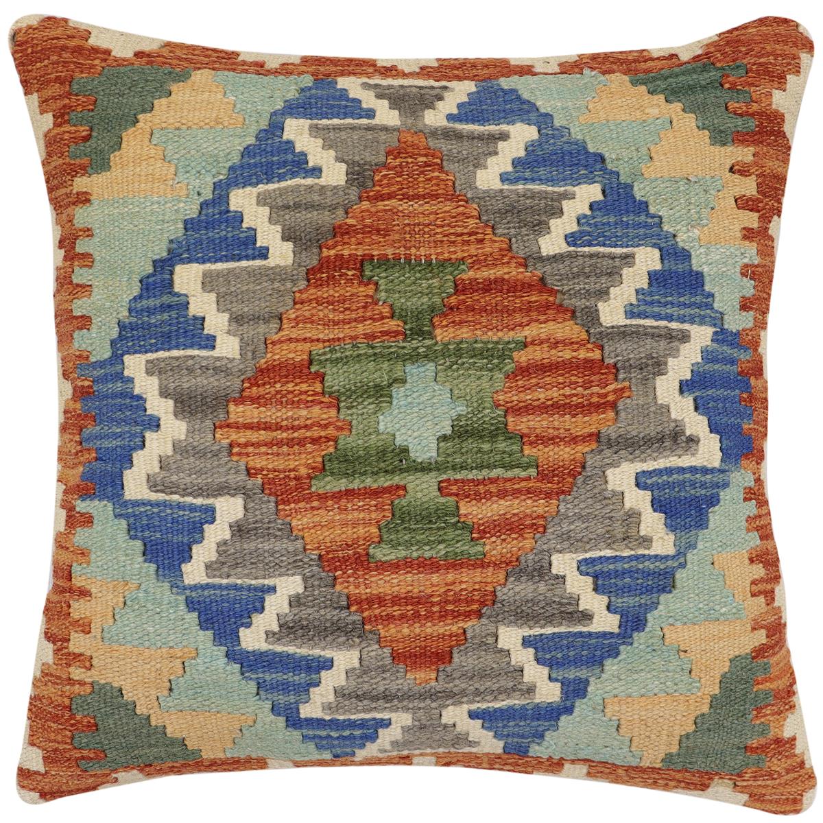 handmade Traditional Pillow Rust Blue Hand-Woven SQUARE 100% WOOL Hand woven turkish pillow2' x 2'