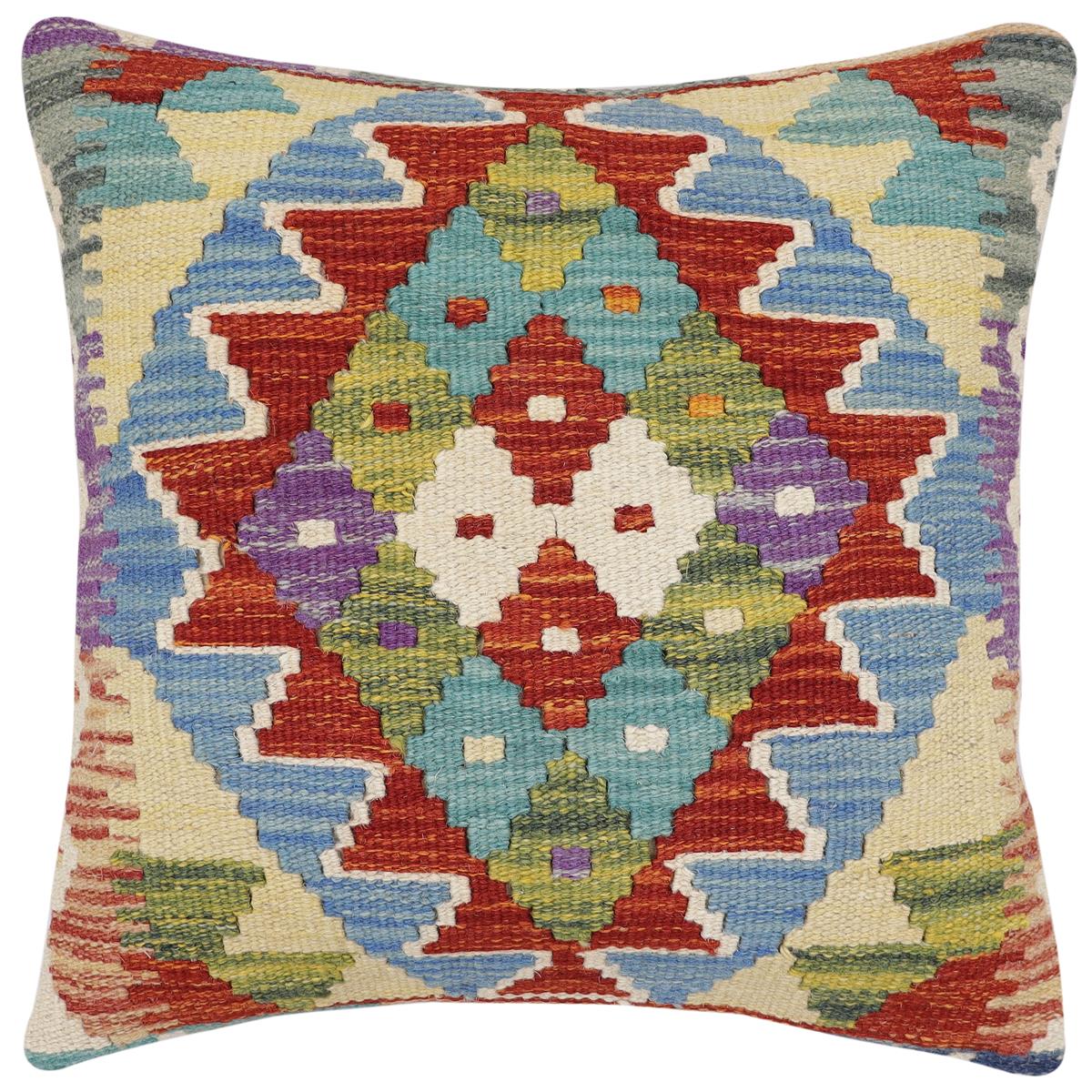 handmade Traditional Pillow Rust Blue Hand-Woven SQUARE 100% WOOL Hand woven turkish pillow2' x 2'