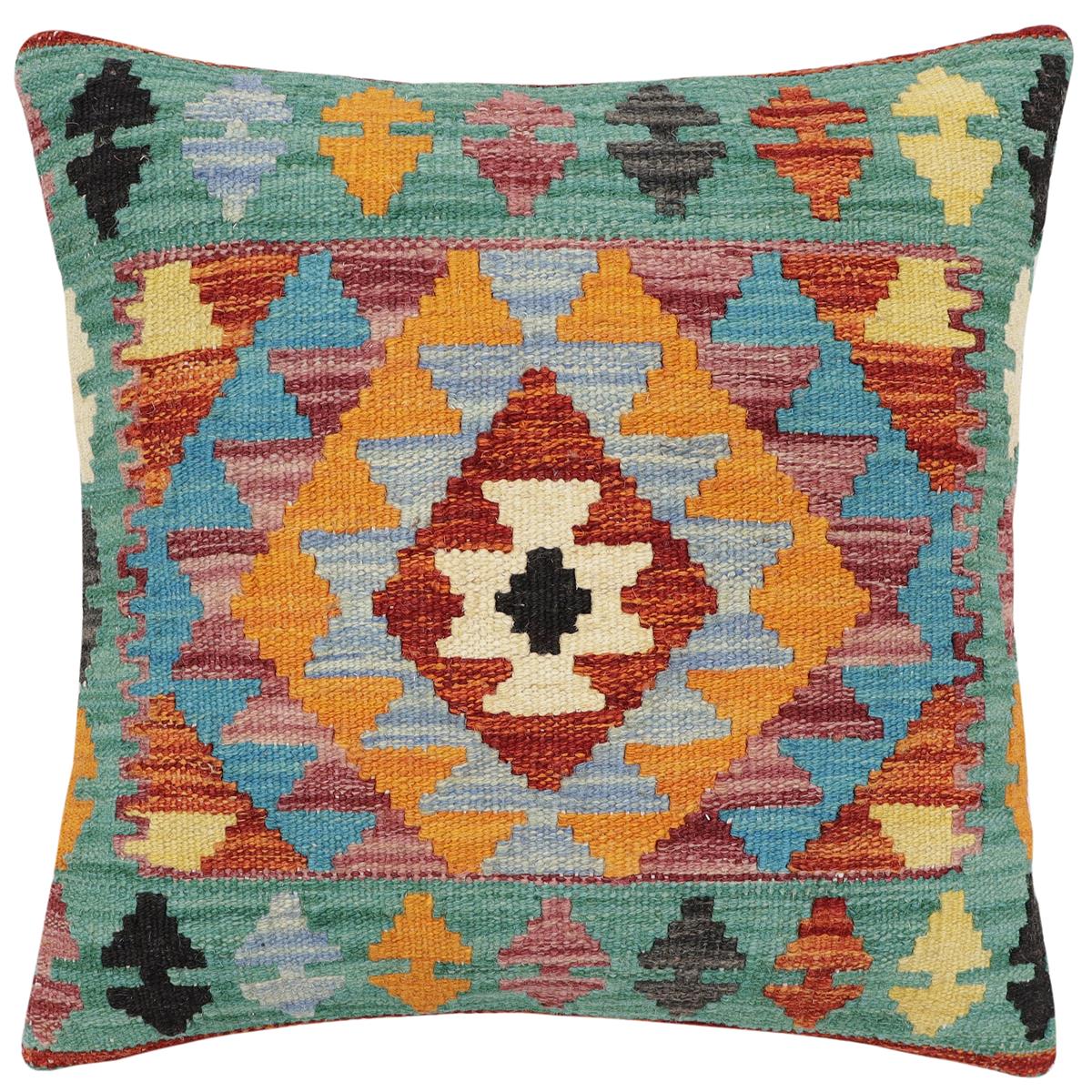 handmade Traditional Pillow Rust Blue Hand-Woven SQUARE 100% WOOL Hand woven turkish pillow2' x 2'