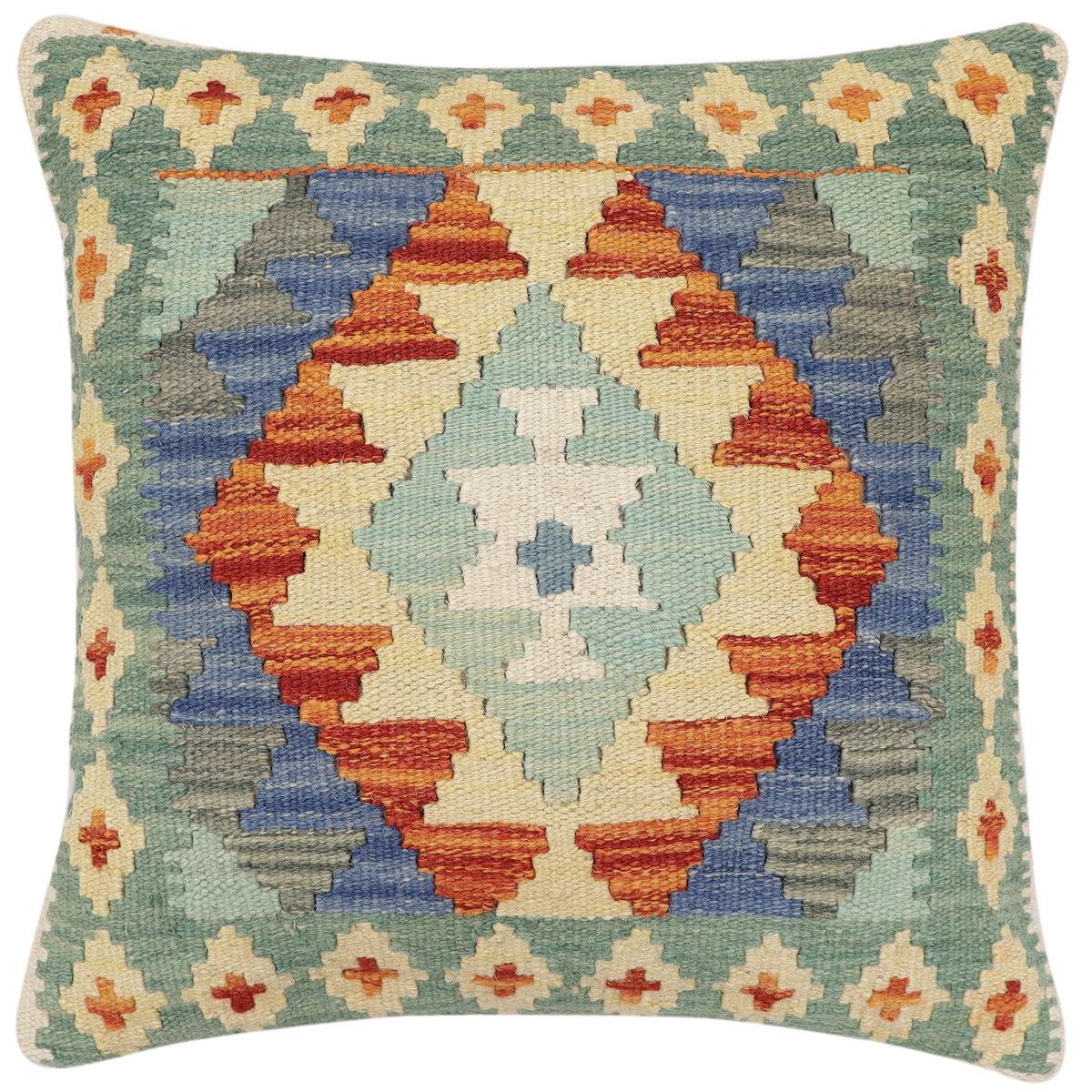 handmade Traditional Pillow Rust Blue Hand-Woven SQUARE 100% WOOL Hand woven turkish pillow2' x 2'