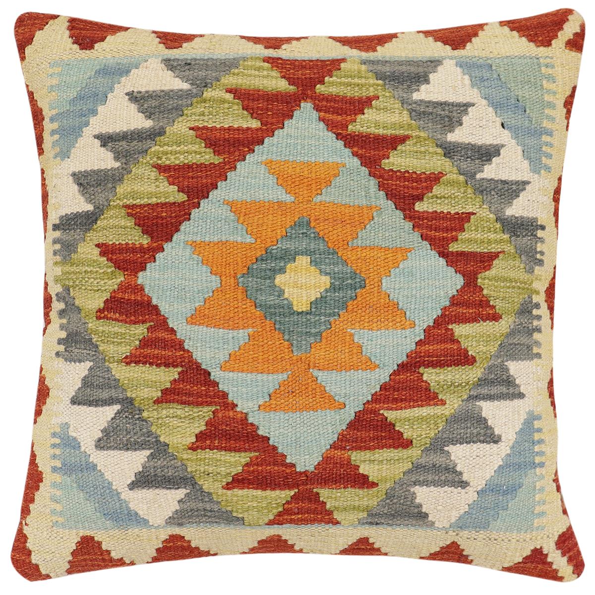 handmade Traditional Pillow Rust Blue Hand-Woven SQUARE 100% WOOL Hand woven turkish pillow2' x 2'