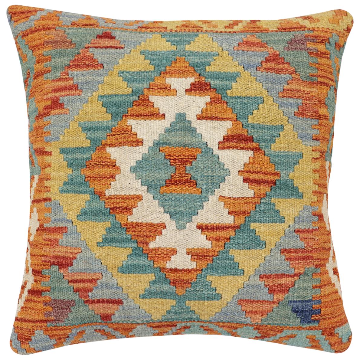 handmade Traditional Pillow Rust Blue Hand-Woven SQUARE 100% WOOL Hand woven turkish pillow 2 x 2