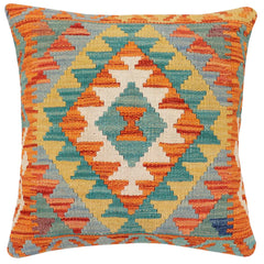 handmade Traditional Pillow Rust Blue Hand-Woven SQUARE 100% WOOL Hand woven turkish pillow 2 x 2