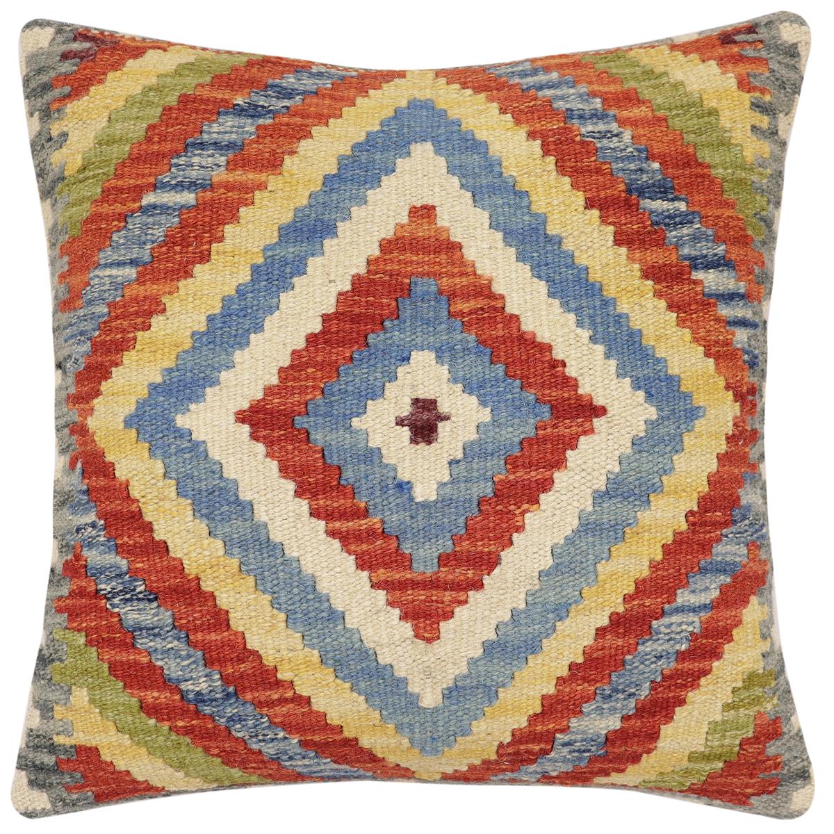 handmade Traditional Pillow Rust Blue Hand-Woven SQUARE 100% WOOL Hand woven turkish pillow2' x 2'