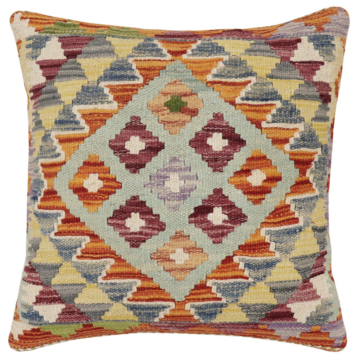 handmade Traditional Pillow Rust Blue Hand-Woven SQUARE 100% WOOL Hand woven turkish pillow2' x 2'