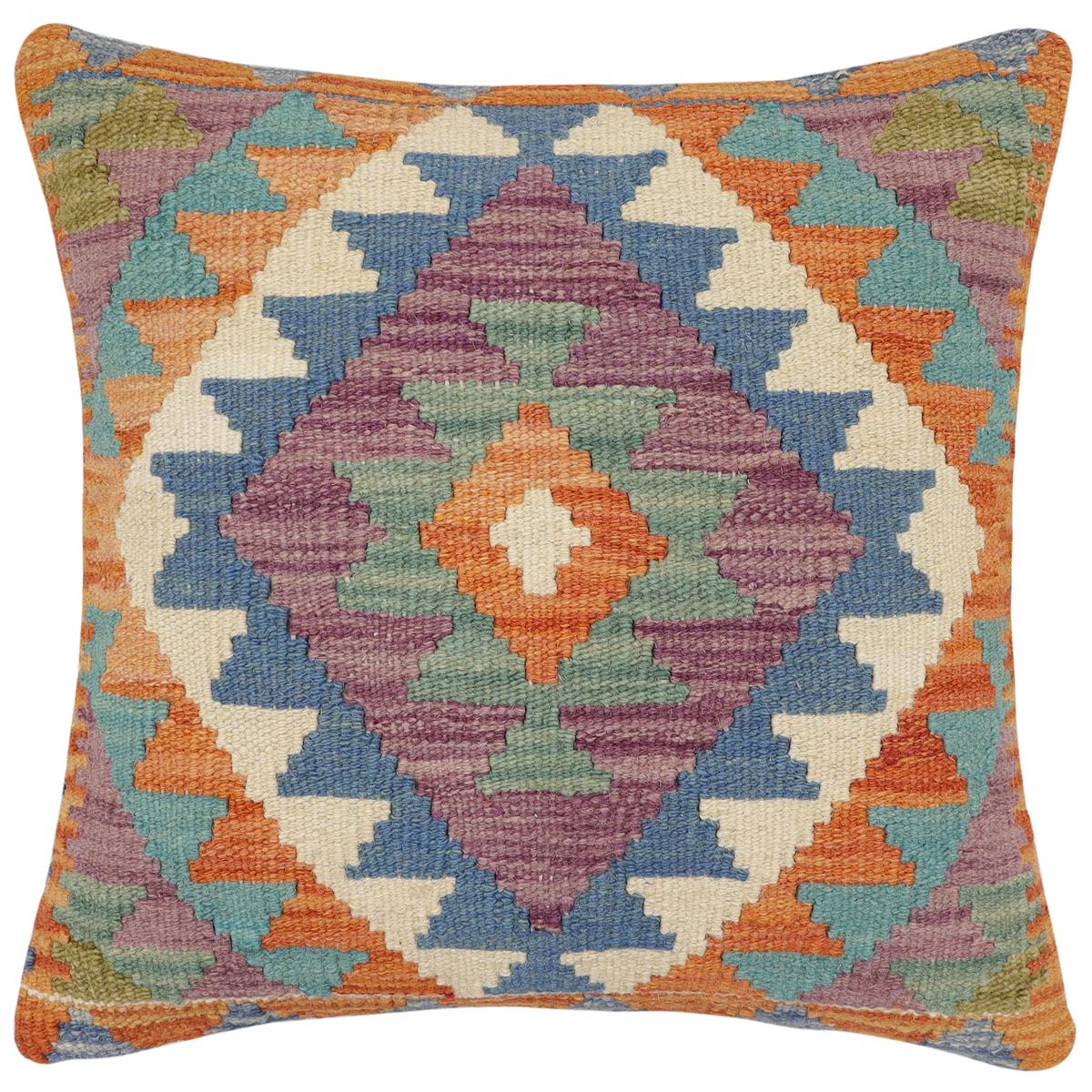 handmade Traditional Pillow Rust Blue Hand-Woven SQUARE 100% WOOL Hand woven turkish pillow 2 x 2