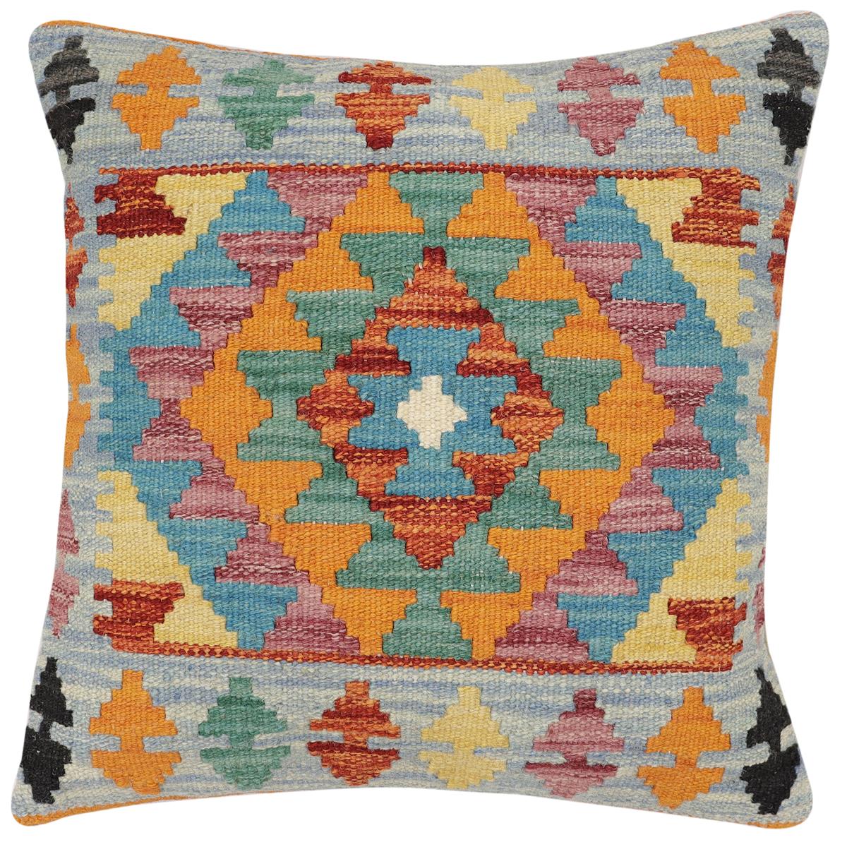 handmade Traditional Pillow Blue Rust Hand-Woven SQUARE 100% WOOL Hand woven turkish pillow2' x 2'