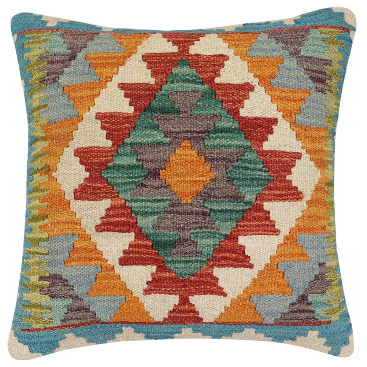 handmade Traditional Pillow Rust Blue Hand-Woven SQUARE 100% WOOL Hand woven turkish pillow 2 x 2