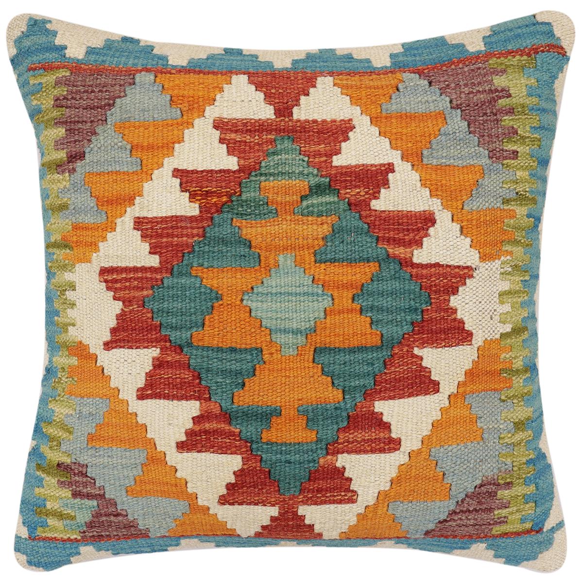handmade Traditional Pillow Rust Blue Hand-Woven SQUARE 100% WOOL Hand woven turkish pillow2' x 2'
