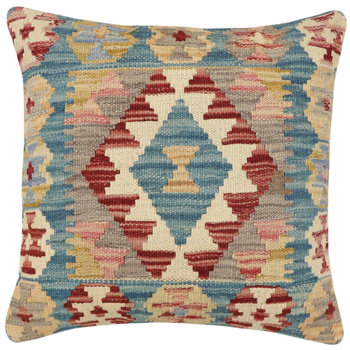 handmade Traditional Pillow Blue Red Hand-Woven SQUARE 100% WOOL Hand woven turkish pillow 2 x 2