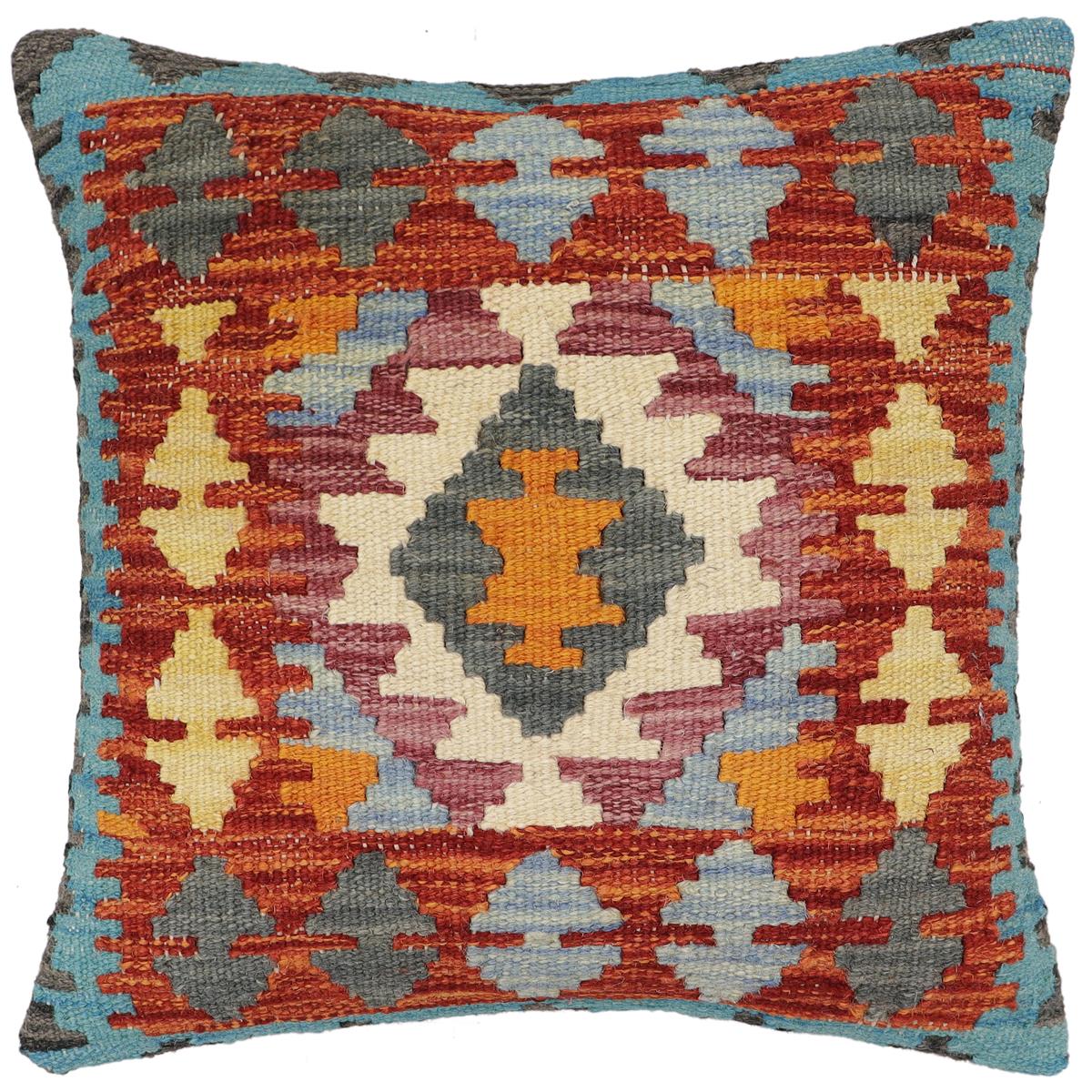 handmade Traditional Pillow Rust Blue Hand-Woven SQUARE 100% WOOL Hand woven turkish pillow 2 x 2