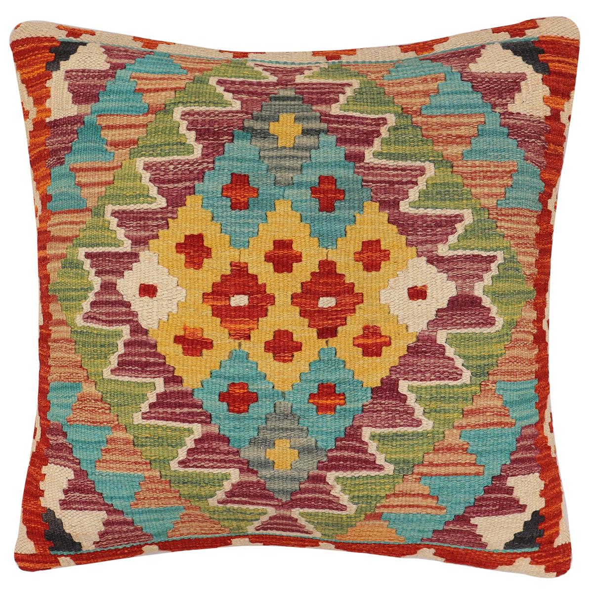 handmade Traditional Pillow Rust Blue Hand-Woven SQUARE 100% WOOL Hand woven turkish pillow PILLOW