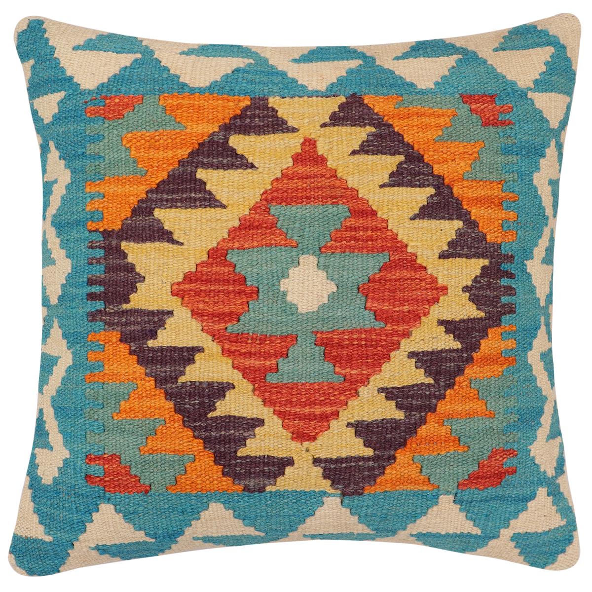 handmade Traditional Pillow Blue Rust Hand-Woven SQUARE 100% WOOL Hand woven turkish pillow2' x 2'