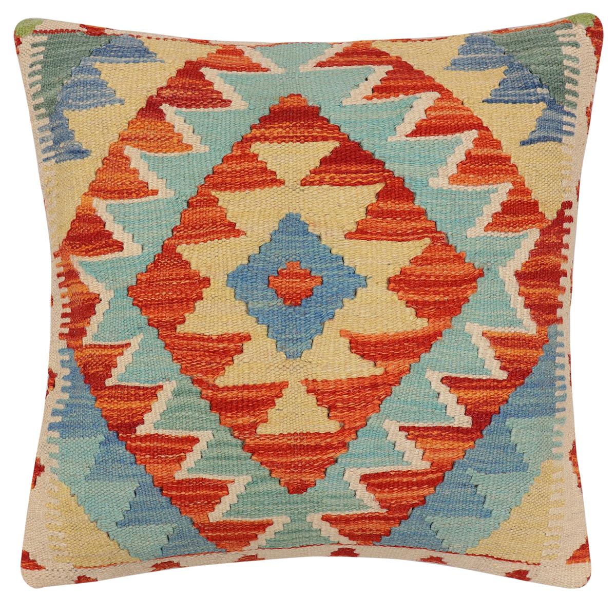 handmade Traditional Pillow Rust Blue Hand-Woven SQUARE 100% WOOL Hand woven turkish pillow 2 x 2