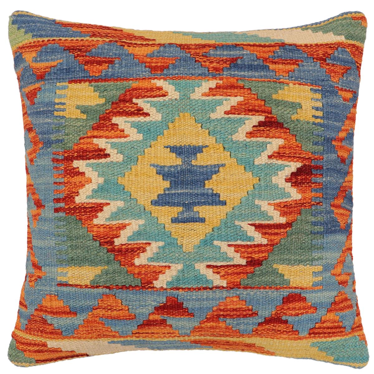 handmade Traditional Pillow Blue Rust Hand-Woven SQUARE 100% WOOL Hand woven turkish pillow2' x 2'