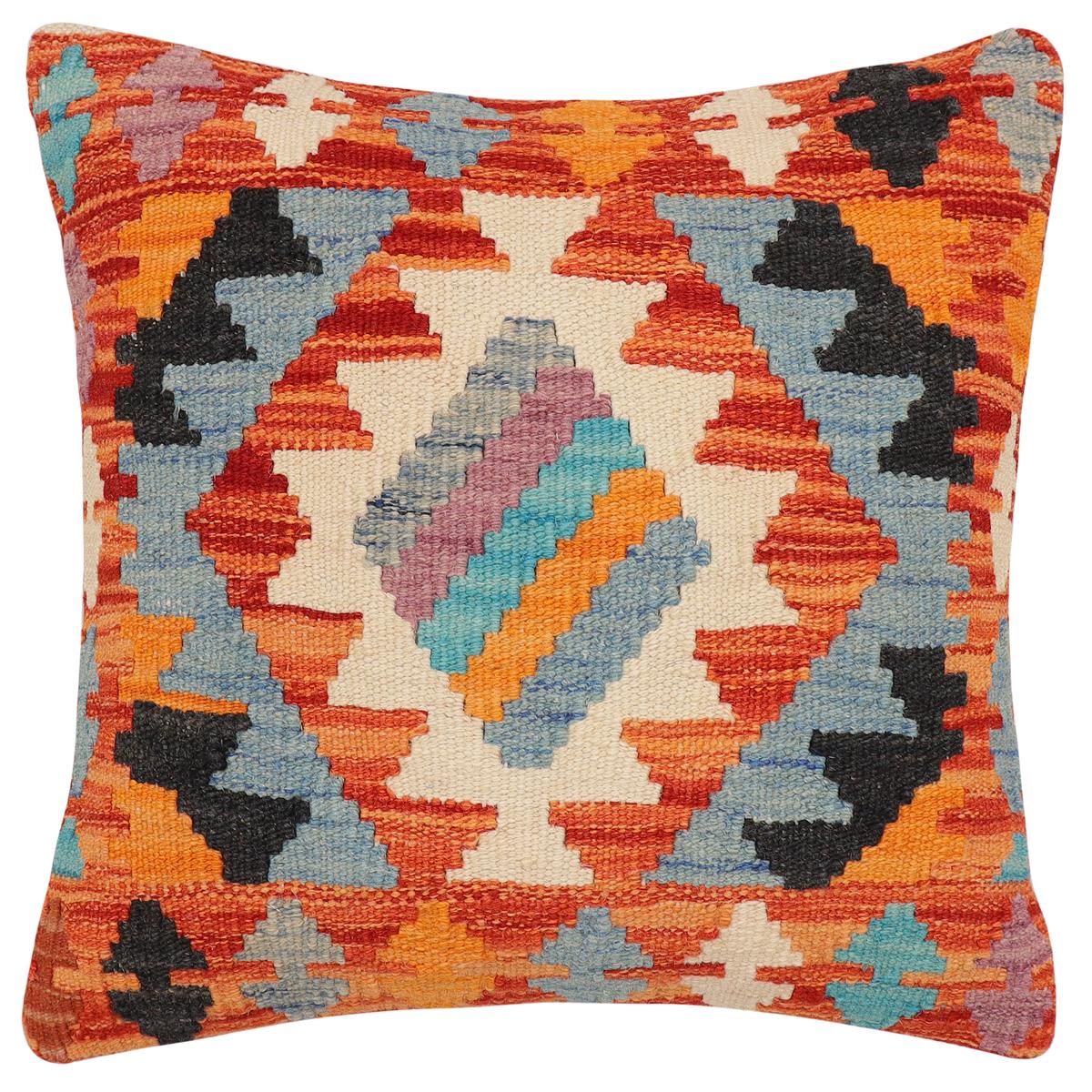 handmade Traditional Pillow Rust Blue Hand-Woven SQUARE 100% WOOL Hand woven turkish pillow 2 x 2