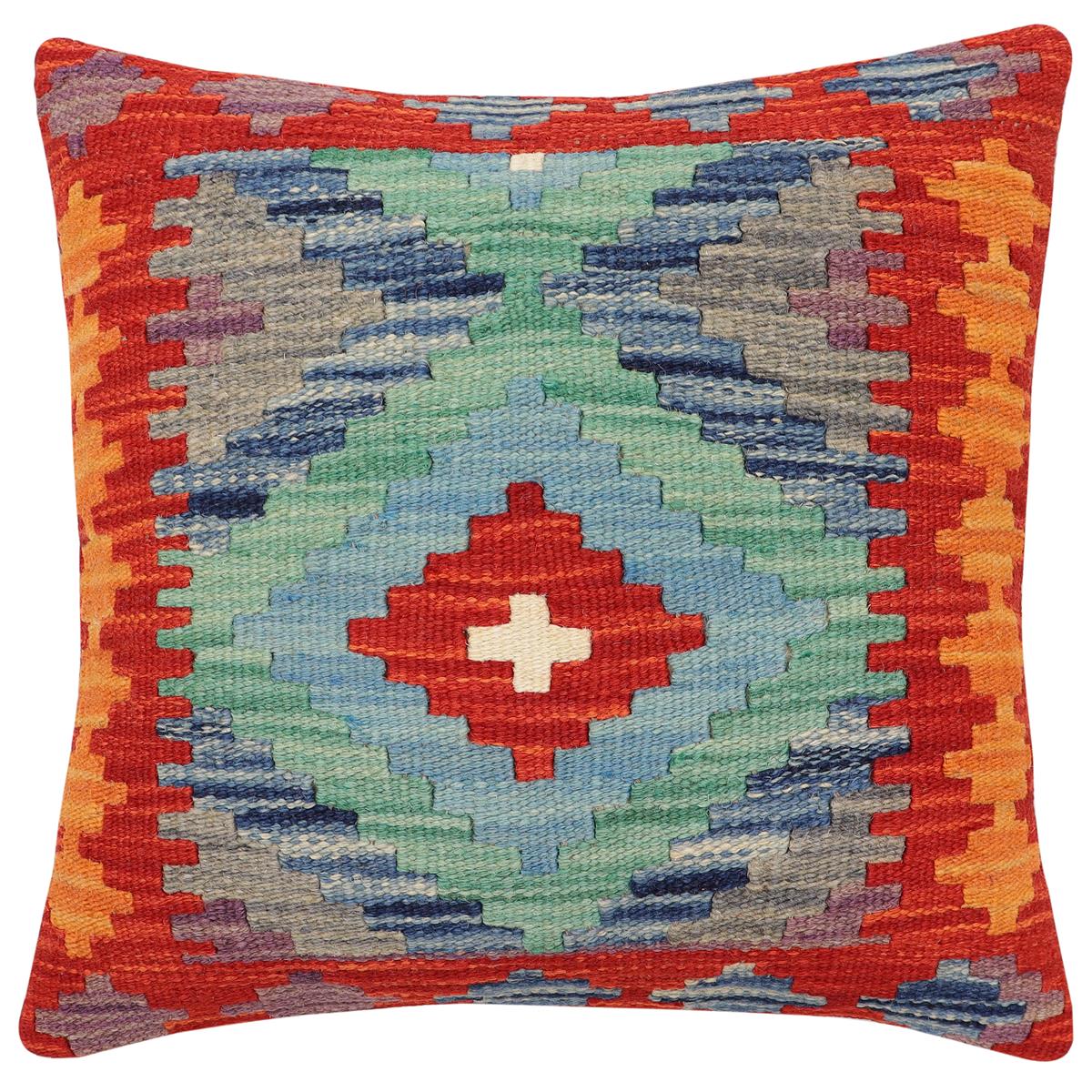 handmade Traditional Pillow Rust Blue Hand-Woven SQUARE 100% WOOL Hand woven turkish pillow 2 x 2