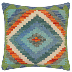 handmade Traditional Pillow Blue Rust Hand-Woven SQUARE 100% WOOL Hand woven turkish pillow 2 x 2