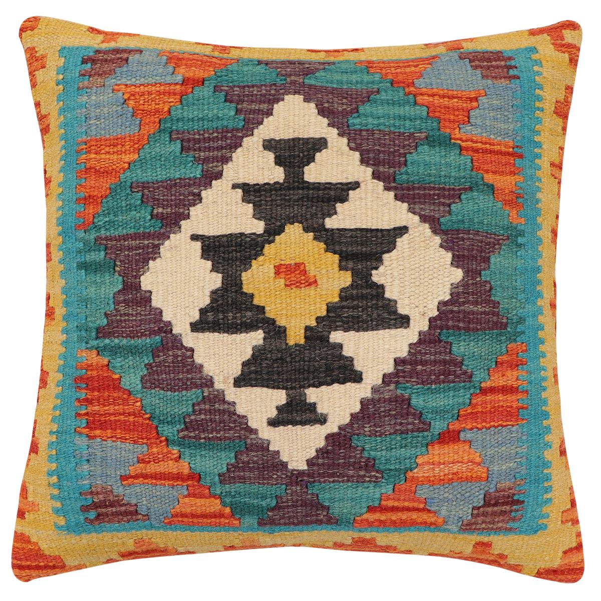 handmade Traditional Pillow Rust Blue Hand-Woven SQUARE 100% WOOL Hand woven turkish pillow 2 x 2