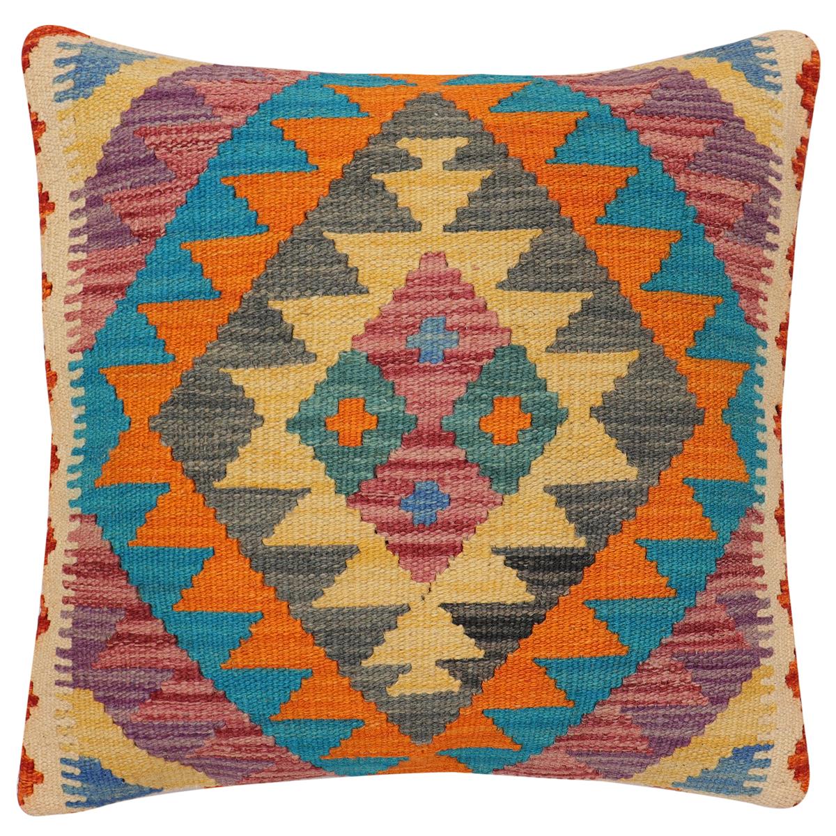 handmade Traditional Pillow Rust Blue Hand-Woven SQUARE 100% WOOL Hand woven turkish pillow PILLOW
