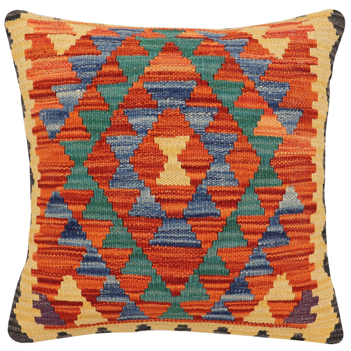 handmade Traditional Pillow Rust Blue Hand-Woven SQUARE 100% WOOL Hand woven turkish pillow 2 x 2