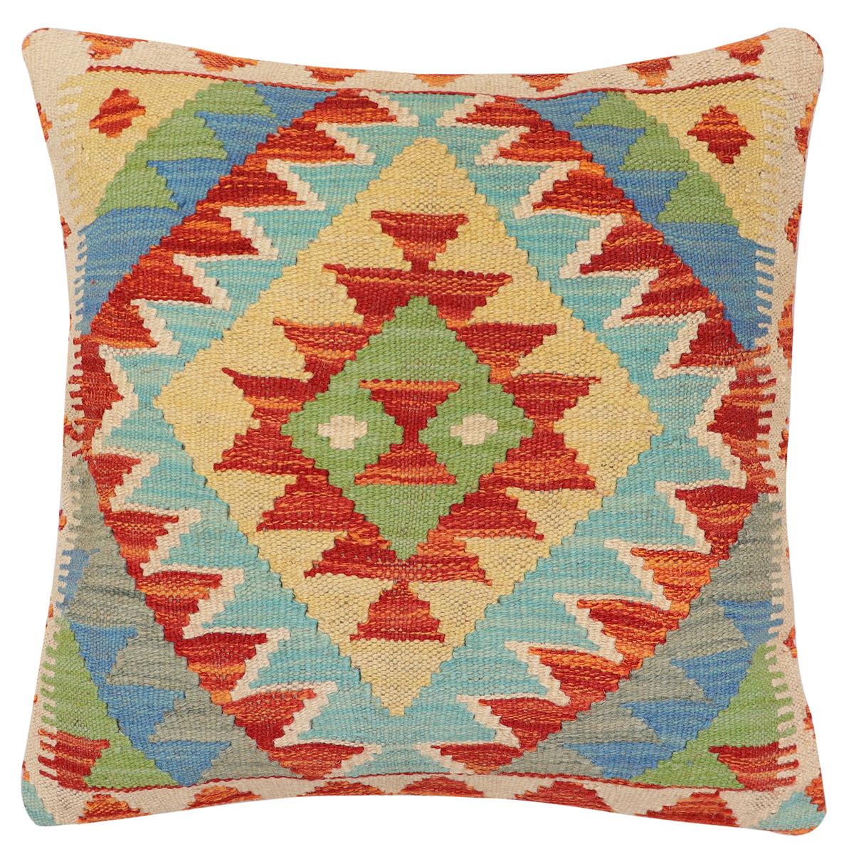 handmade Traditional Pillow Rust Blue Hand-Woven SQUARE 100% WOOL Hand woven turkish pillow PILLOW