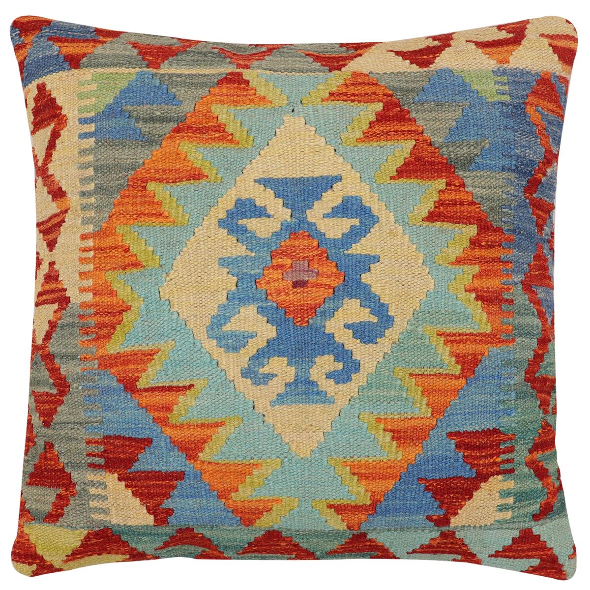 handmade Traditional Pillow Rust Blue Hand-Woven SQUARE 100% WOOL Hand woven turkish pillow 2 x 2