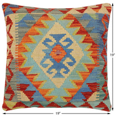 handmade Traditional Pillow Rust Blue Hand-Woven SQUARE 100% WOOL Hand woven turkish pillow 2 x 2