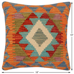 handmade Traditional Pillow Rust Blue Hand-Woven SQUARE 100% WOOL Hand woven turkish pillow 2 x 2