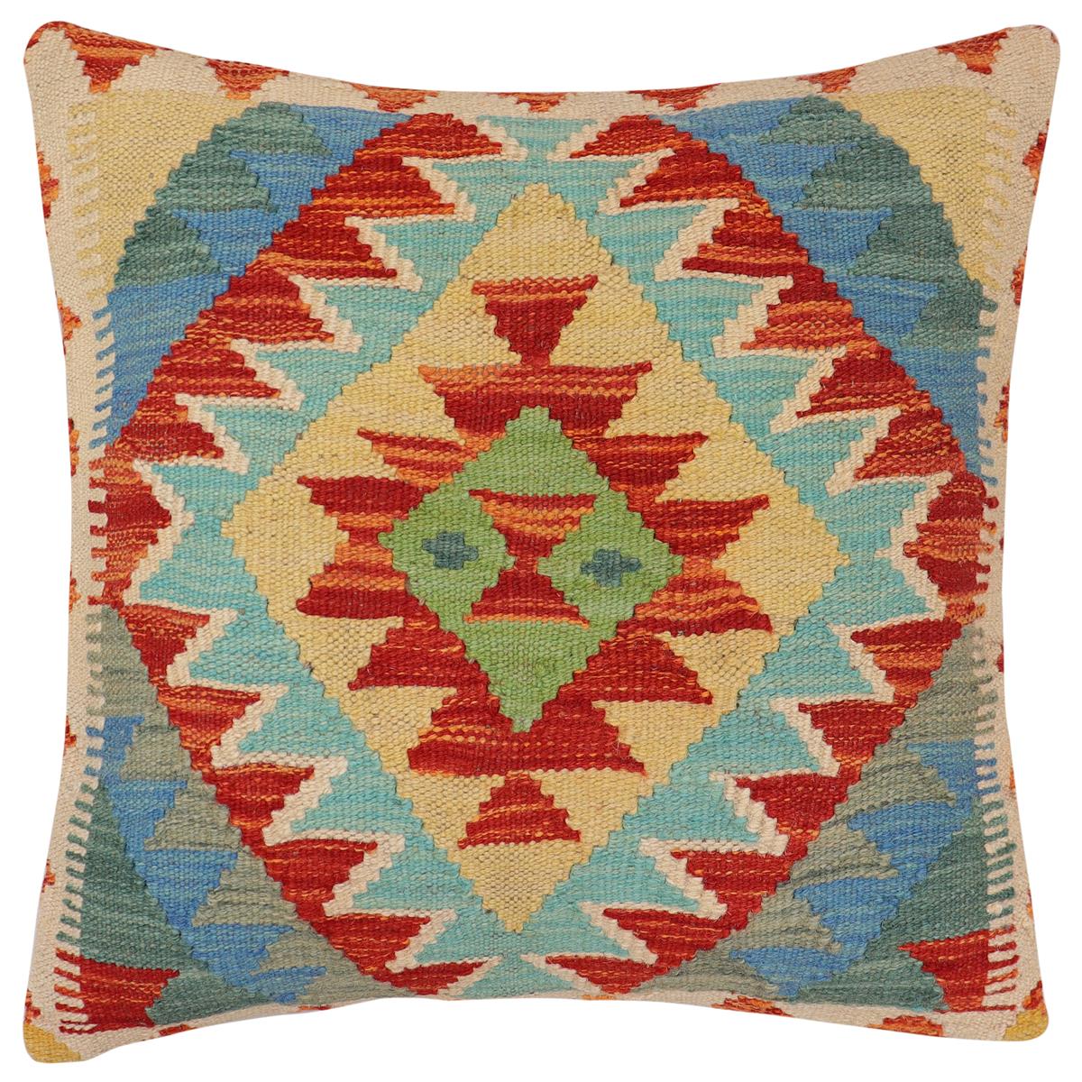 handmade Traditional Pillow Rust Blue Hand-Woven SQUARE 100% WOOL Hand woven turkish pillow PILLOW