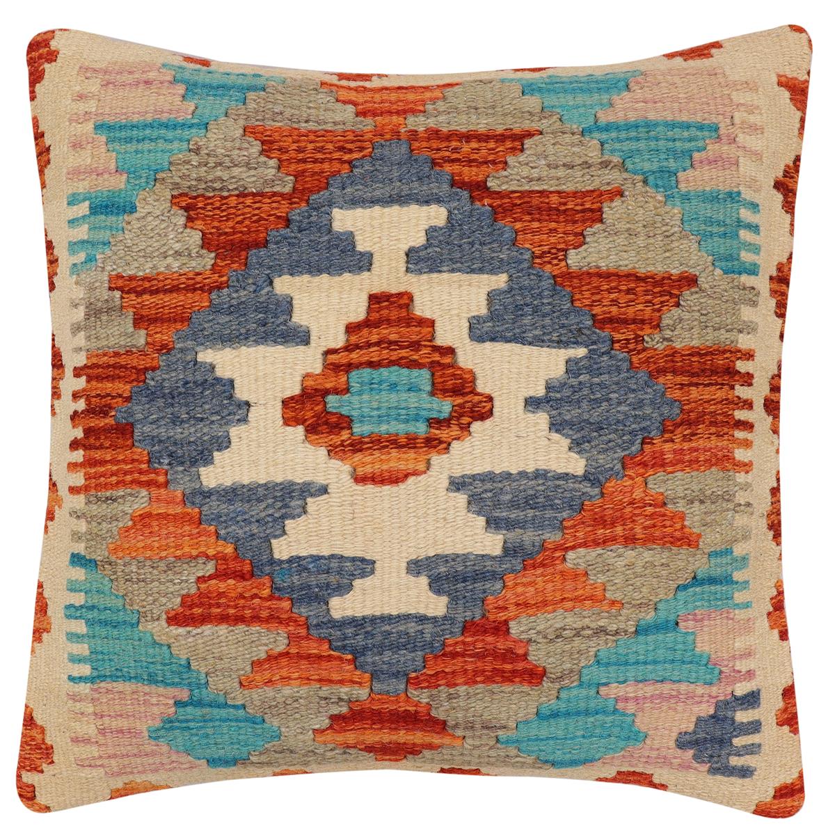 handmade Traditional Pillow Rust Blue Hand-Woven SQUARE 100% WOOL Hand woven turkish pillow 2 x 2