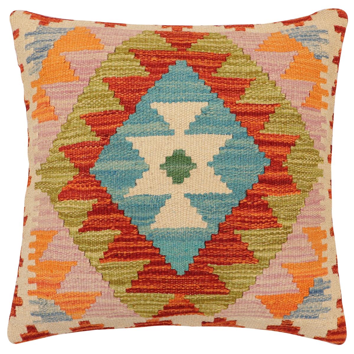 handmade Traditional Pillow Rust Blue Hand-Woven SQUARE 100% WOOL Hand woven turkish pillow 2 x 2