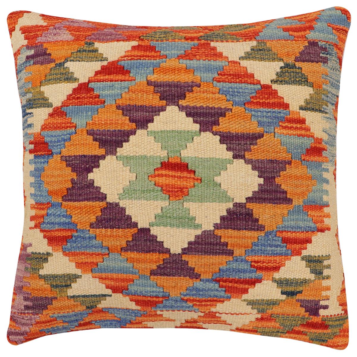 handmade Traditional Pillow Rust Blue Hand-Woven SQUARE 100% WOOL Hand woven turkish pillow 2 x 2