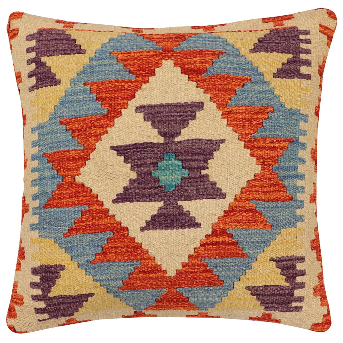 handmade Traditional Pillow Rust Blue Hand-Woven SQUARE 100% WOOL Hand woven turkish pillow 2 x 2