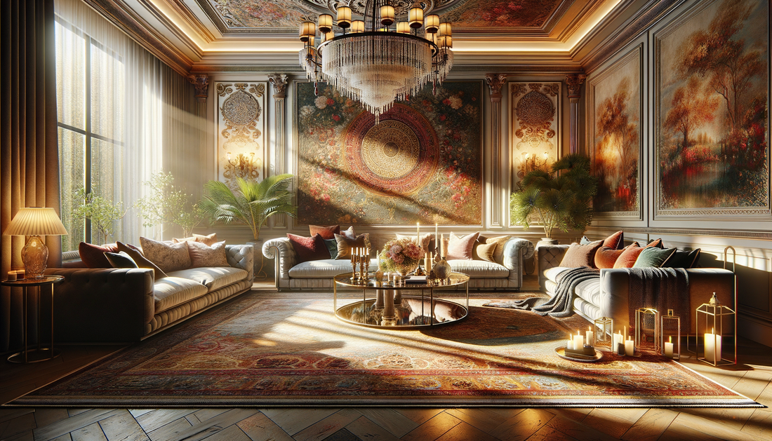 warm living room with hand-knotted rug, natural light, traditional and modern decor