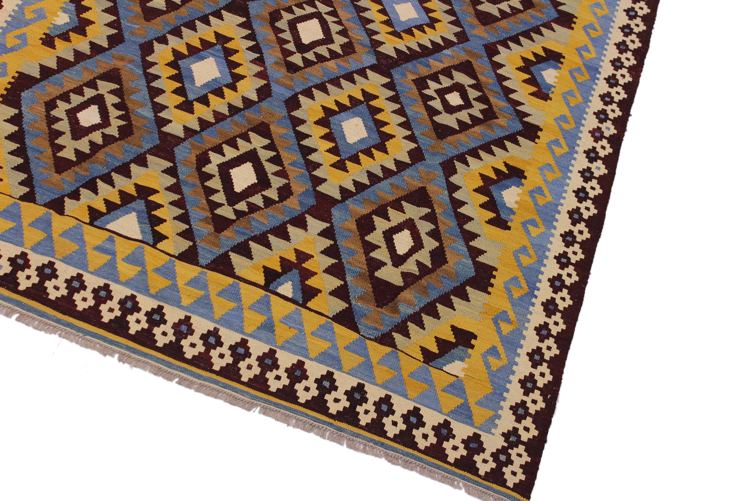 handmade Geometric Kilim Brown Blue Hand-Woven RECTANGLE 100% WOOL area rug 6 x 8
