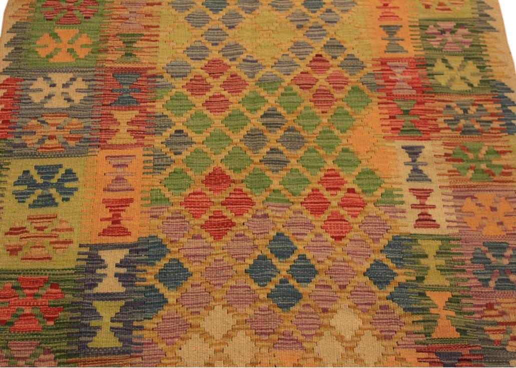 Flat Weave Kilim Antique Navaho Vintage handmade Geometric Kilim Beige Blue Hand-Woven Rectangle 100% Wool Area Rug 4x7 