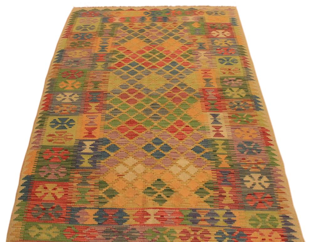 Flat Weave Kilim Antique Navaho Vintage handmade Geometric Kilim Beige Blue Hand-Woven Rectangle 100% Wool Area Rug 4x7 