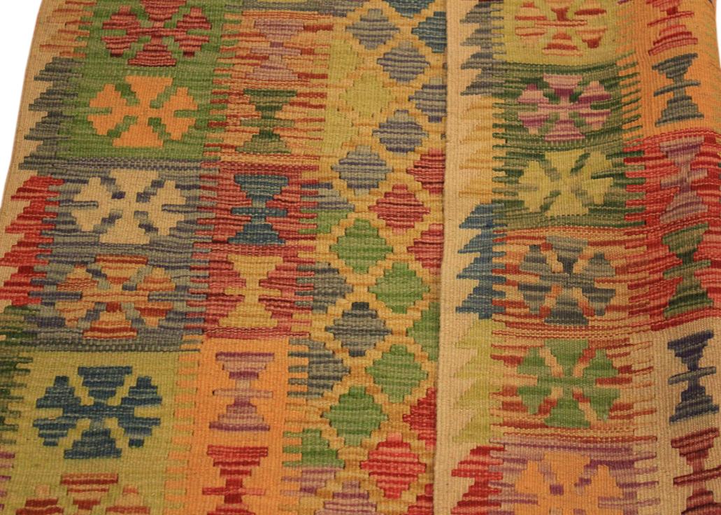 Flat Weave Kilim Antique Navaho Vintage handmade Geometric Kilim Beige Blue Hand-Woven Rectangle 100% Wool Area Rug 4x7 