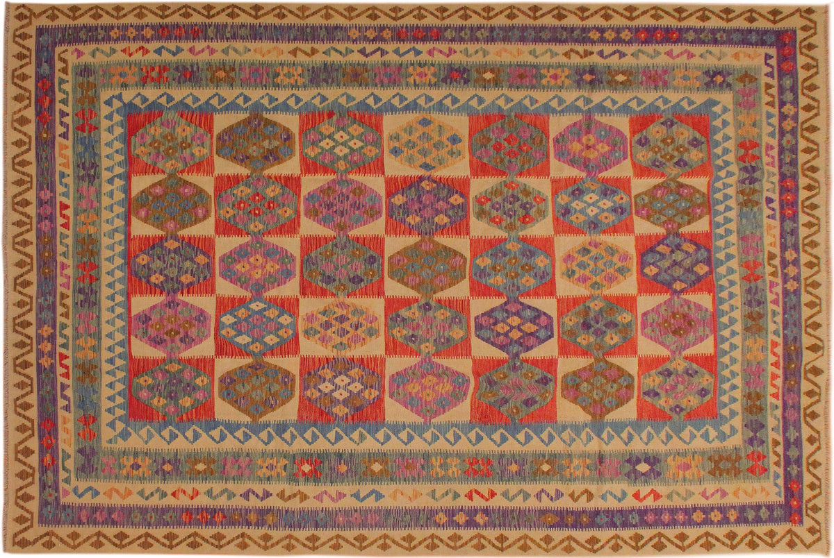 8x11 hand woven Turkish Kilim wool rug in beige and blue - Ethnic Tearlach Turkish