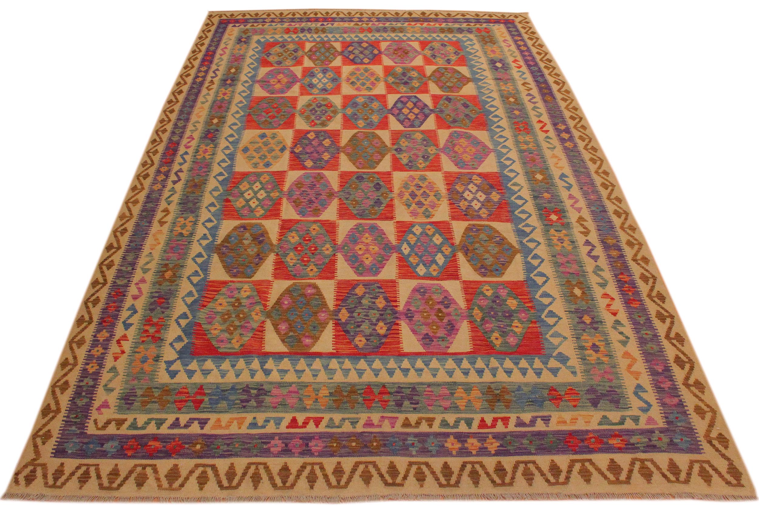 handmade Geometric Kilim Beige Blue Hand-Woven RECTANGLE 100% WOOL area rug 8 x 11