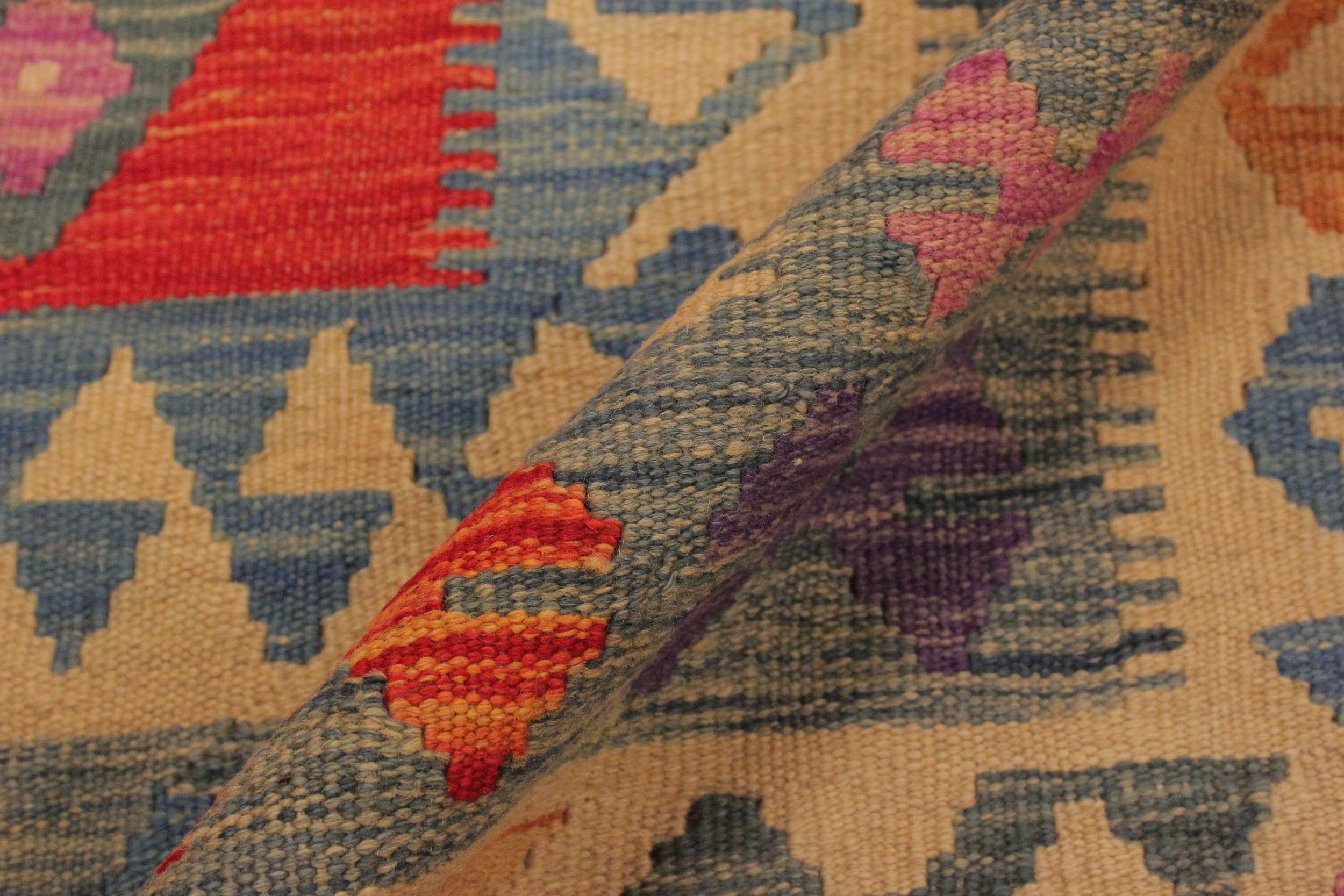 handmade Geometric Kilim Beige Blue Hand-Woven RECTANGLE 100% WOOL area rug 8 x 11