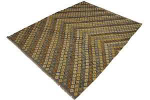 handmade Modern Kilim Blue Brown Hand-Woven RECTANGLE 100% WOOL area rug 6x8