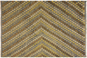 handmade Modern Kilim Blue Brown Hand-Woven RECTANGLE 100% WOOL area rug 6x8