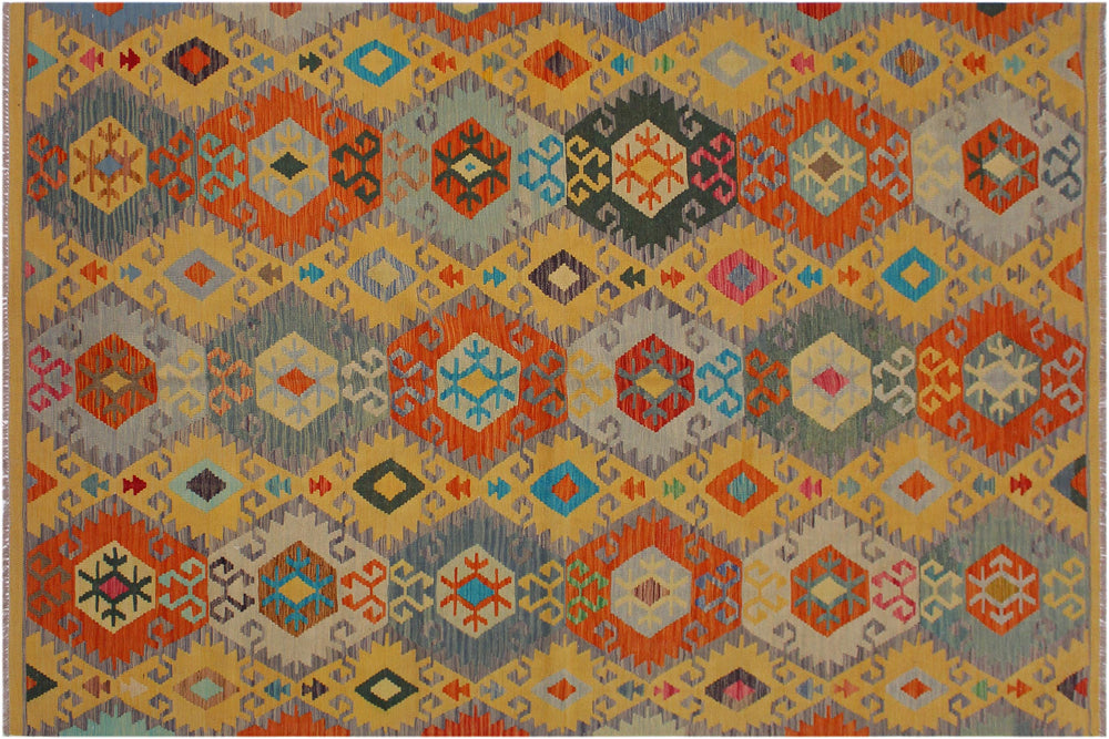 handmade Geometric Kilim Gold Gray Hand-Woven RECTANGLE 100% WOOL area rug 7 x 10
