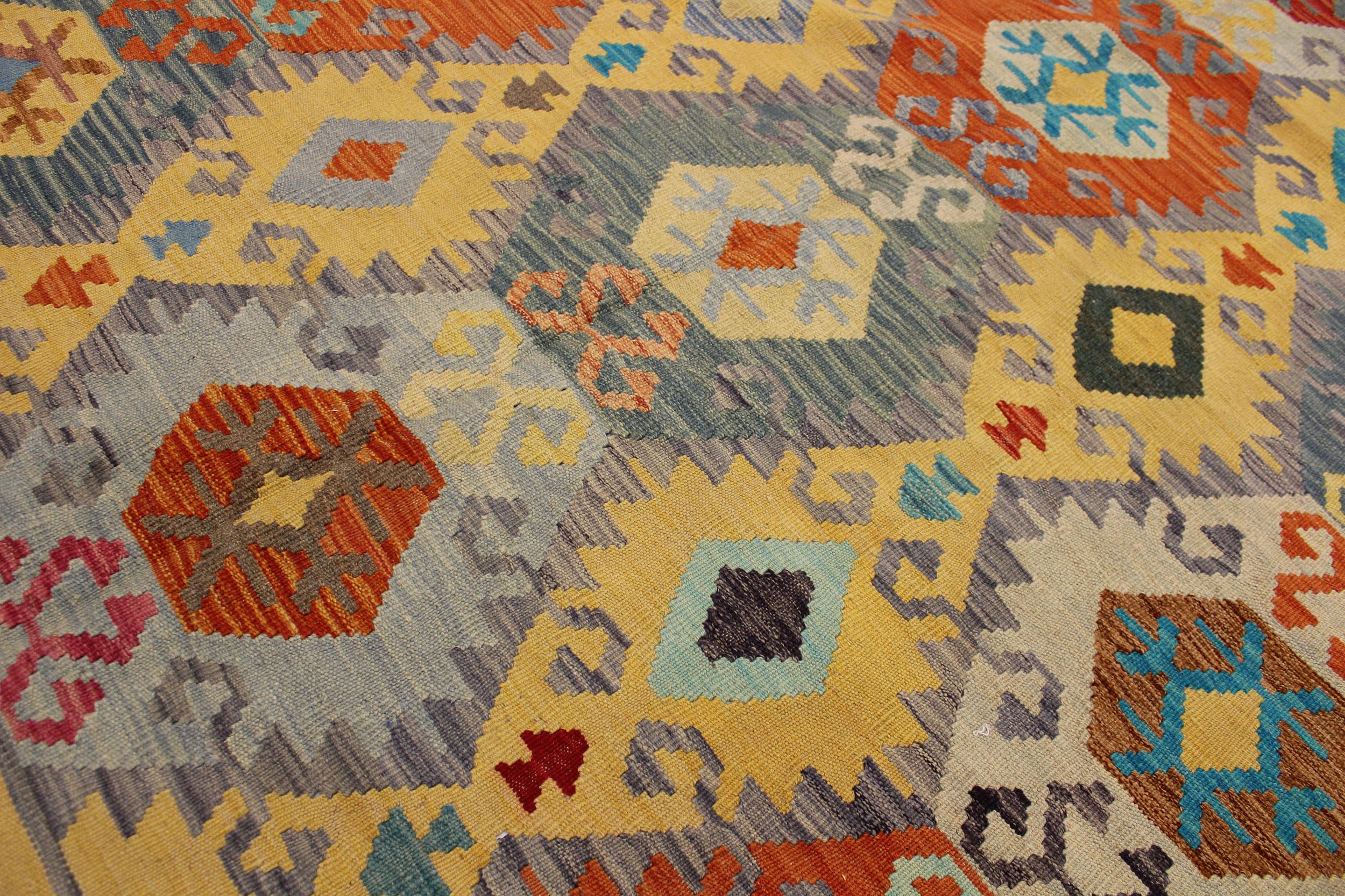 handmade Geometric Kilim Gold Gray Hand-Woven RECTANGLE 100% WOOL area rug 7 x 10