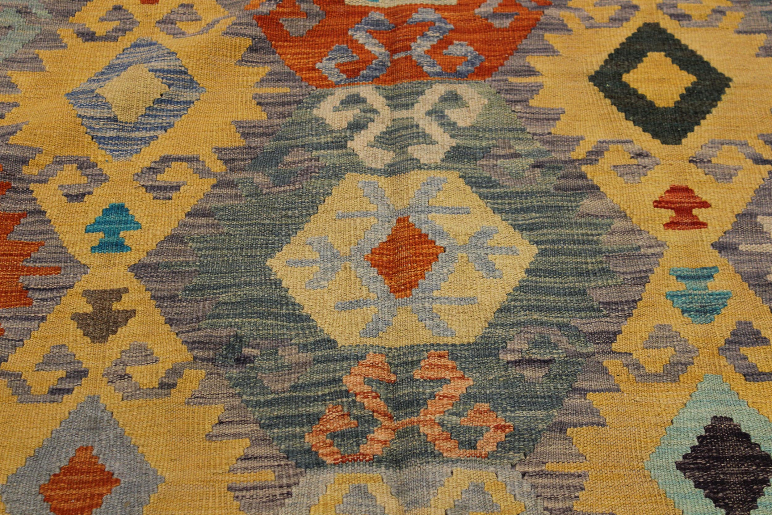 handmade Geometric Kilim Gold Gray Hand-Woven RECTANGLE 100% WOOL area rug 7 x 10