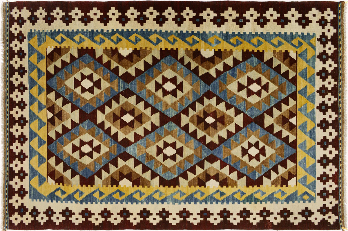 handmade Geometric Kilim Brown Beige Hand-Woven RECTANGLE 100% WOOL area rug 4 x 6