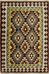 Flat Weave Kilim Antique Navaho Vintage handmade Geometric Kilim Brown Beige Hand-Woven Rectangle 100% Wool Area Rug 4x6 