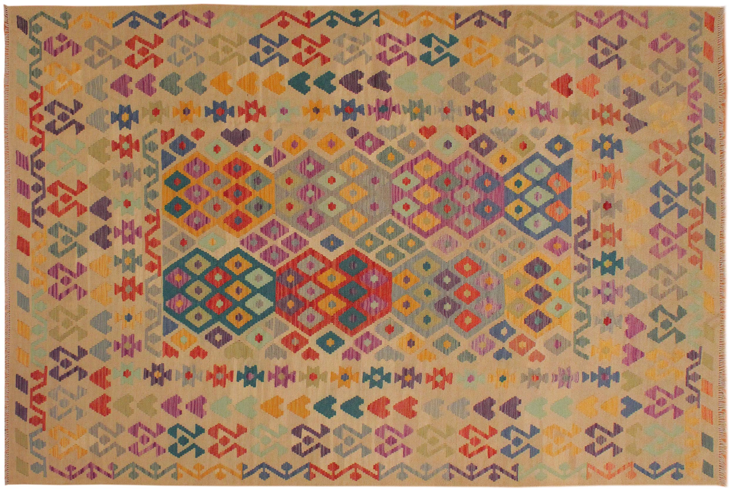 handmade Geometric Kilim Beige Red Hand-Woven RECTANGLE 100% WOOL area rug 7 x 10